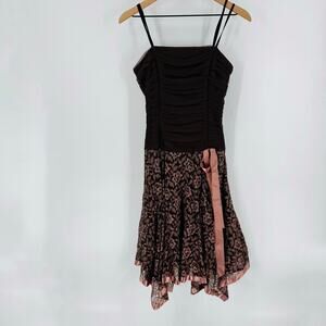 Vintage Brown Lace Overlay Handkerchief Hem Party Dress Y2K Whimsigoth Size 10